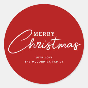 Modern Red And White Merry Christmas Script Name Classic Round Sticker