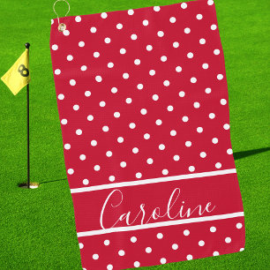 Modern Red and White Polka Dot Elegant Monogrammed Golf Towel