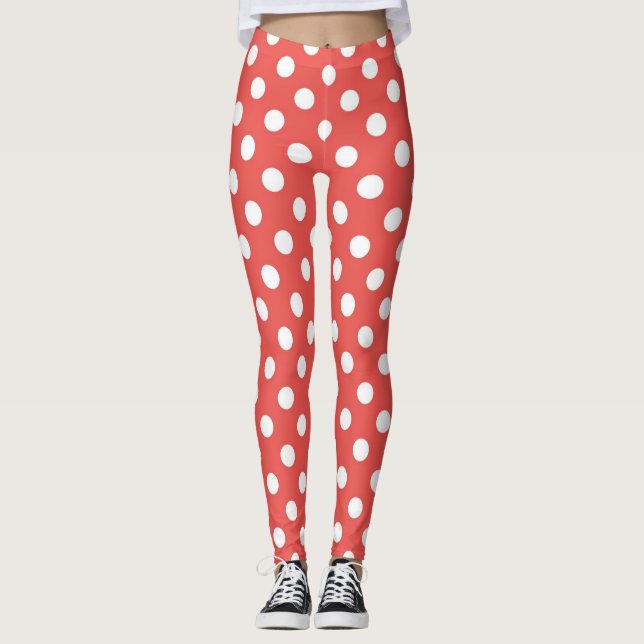 Modern red and white polka dots spots pattern leggings (Front)