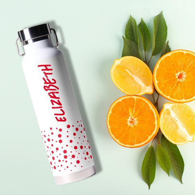Modern Red and White Polka Dots Water Bottle (Red dots on white water bottle personalized with your name)
