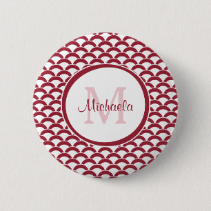 Modern Red and White Scallops Monogram and Name 2 Inch Round Button