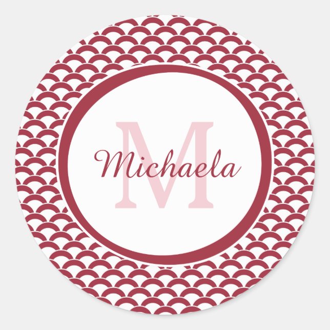 Modern Red and White Scallops Monogram and Name Classic Round Sticker (Front)