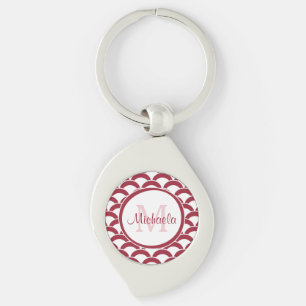 Modern Red and White Scallops Monogram and Name Keychain