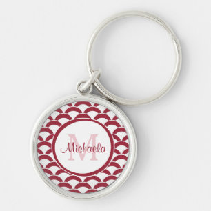 Modern Red and White Scallops Monogram and Name Keychain
