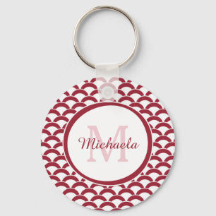 Modern Red and White Scallops Monogram and Name Keychain