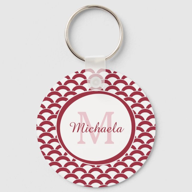 Modern Red and White Scallops Monogram and Name Keychain (Front)