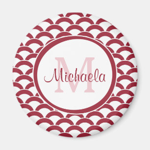 Modern Red and White Scallops Monogram and Name Magnet