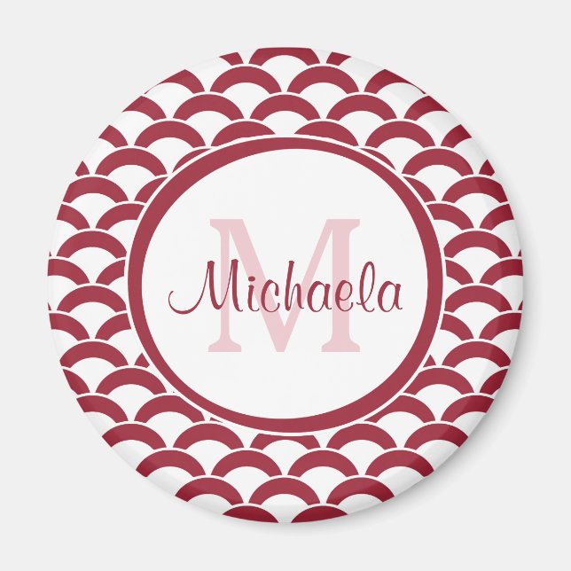 Modern Red and White Scallops Monogram and Name Magnet (Front)