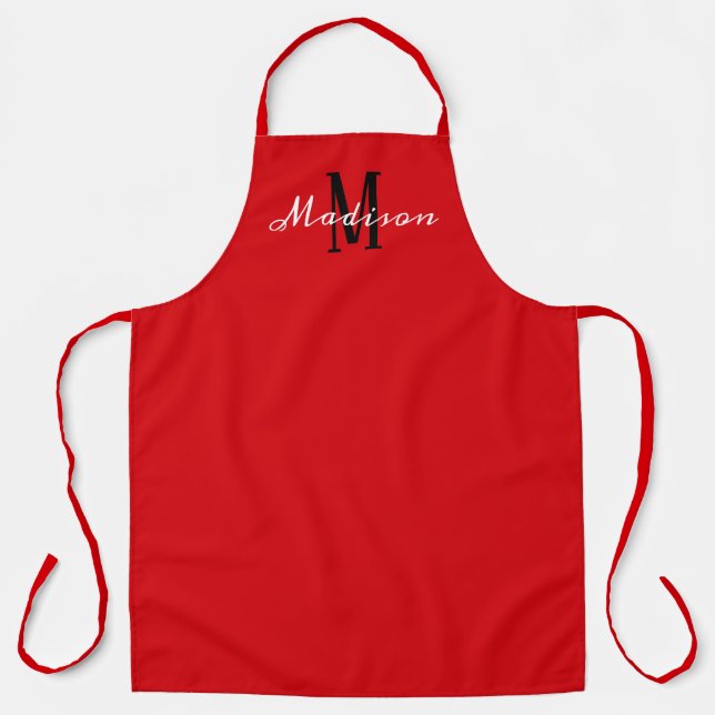 Modern Red and White Script Monogram Personalized Apron (Front)