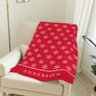Modern Red and White Snowflake Pattern Winter Fleece Blanket