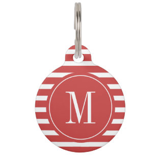 Modern Red and White Stripe with Monogram  Pet Tag
