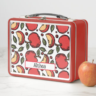 Modern Red Apple Pattern Personalized Name   Metal Lunch Box