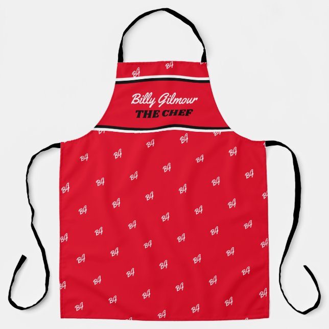 Modern Red Apron with chef name (Front)