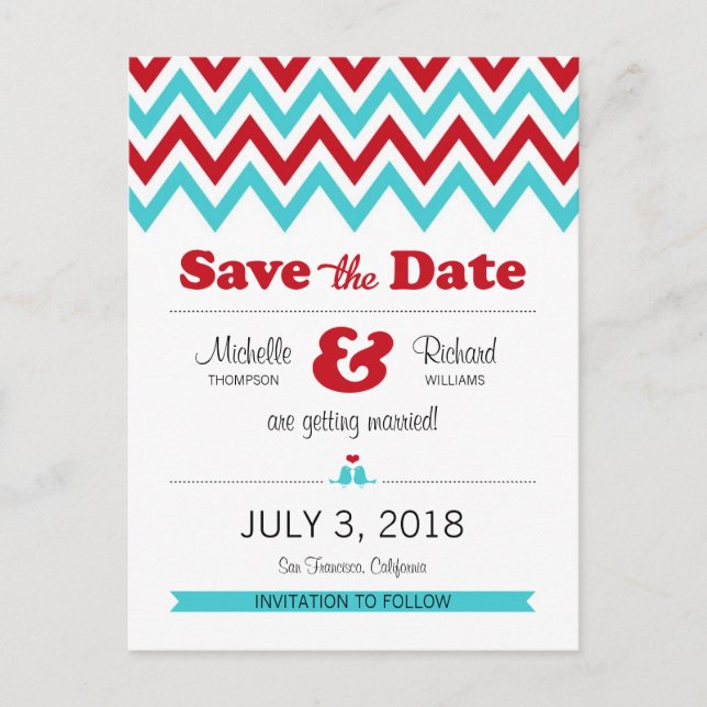 Modern Red Aqua Chevron & Lovebirds Save the Date Announcement Postcard (Front)