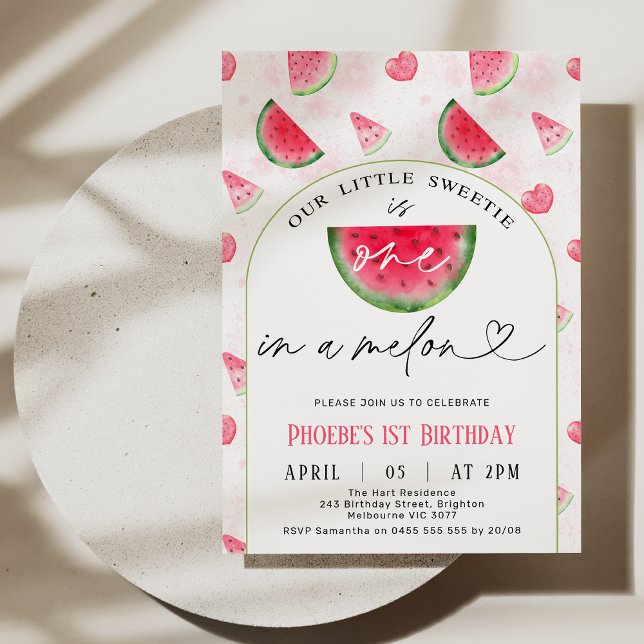 Modern Red Arch One In A Melon 1st Birthday Invitation (Modern One In A Melon 1st Birthday Invitation Template, Watermelon Themed First Birthday Invitation)