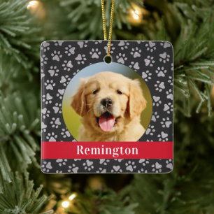 Modern Red Banner Dog Photo Square Keepsake Ceramic Ornament
