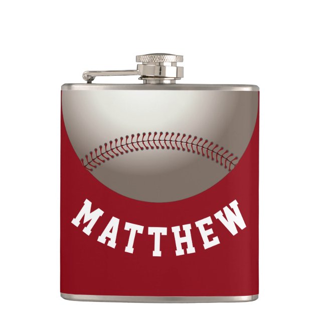 Modern Red Baseball Personalized Name Print Hip Flask (Front)