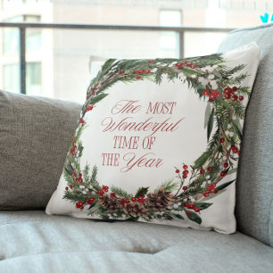 Modern Red Berry Botanical Wreath Christmas Throw Pillow