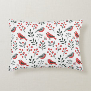 Modern Red Berry Christmas Bird Accent Pillow