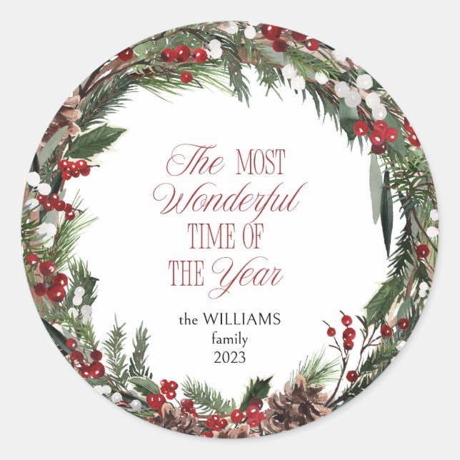 Modern Red Berry Wreath Christmas Typography Classic Round Sticker (Front)