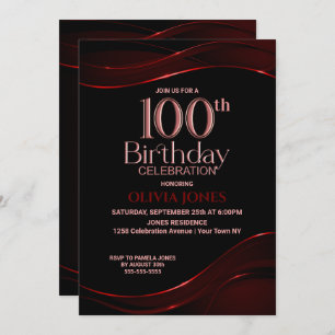 Modern Red Black 100th Birthday Party Invitation