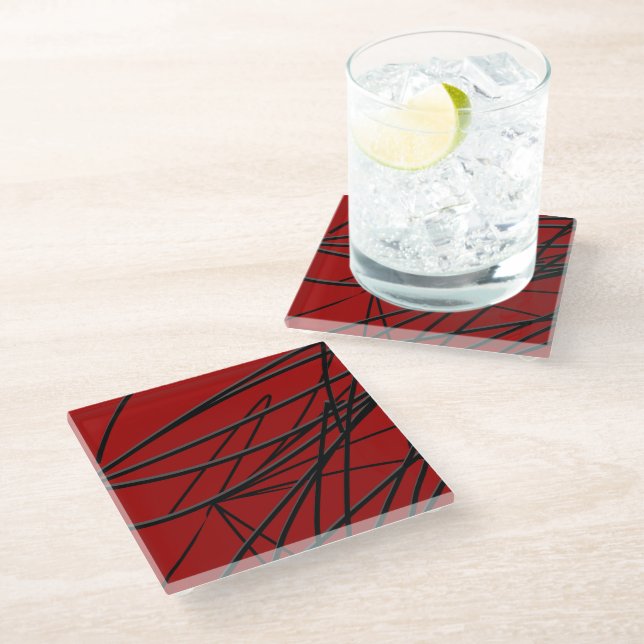 Modern Red Black Abstract Glass Coaster (Angled)