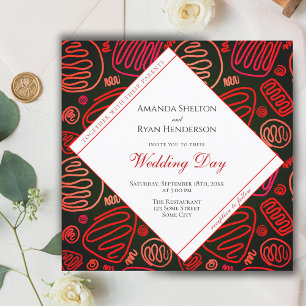 Modern Red Black Abstract One Line Art Wedding Invitation