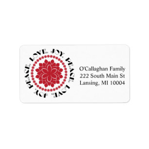 Modern Red, black and white Love, Peace, Joy text Label
