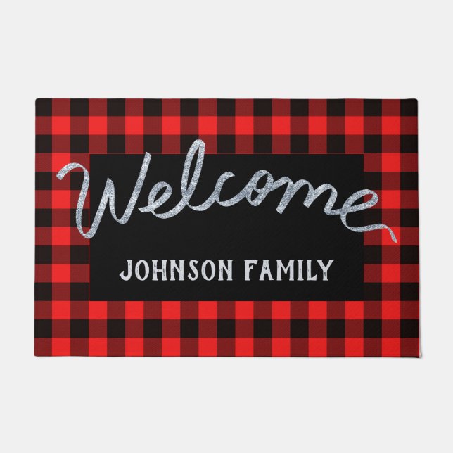 Modern Red & Black Buffalo Check Welcome Doormat (Front)