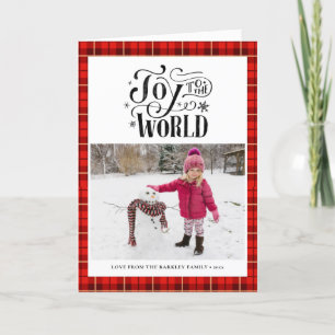 Modern Red Black Buffalo Plaid Fun Script Simple Holiday Card