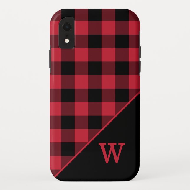 Modern Red Black Buffalo Plaid Pattern Monogram Case-Mate iPhone Case (Back)