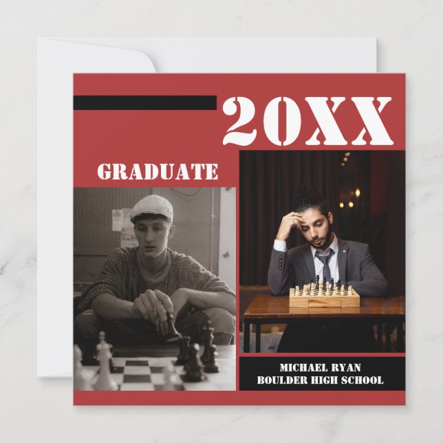 Modern Red Black Chess Photo Graduation Invitation (Front)