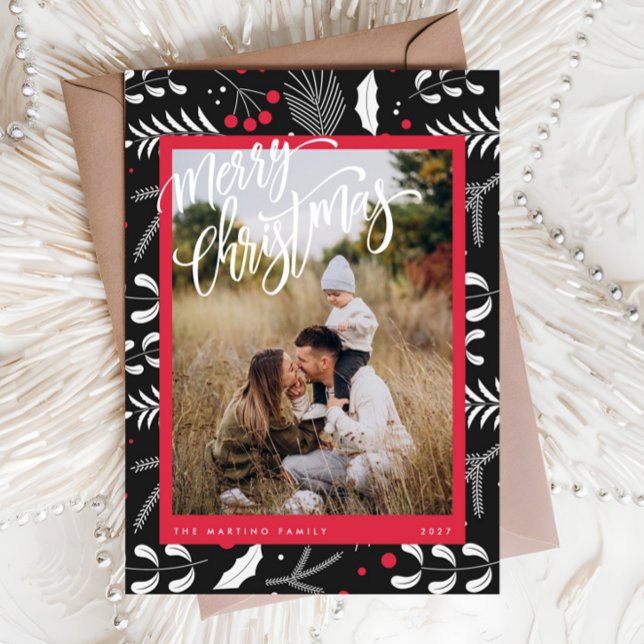 Modern Red Black Folk Floral Photo Christmas Card (Creator Uploaded)