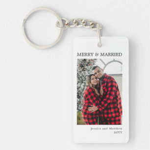 Modern Red Black Gingham Photo Merry and Married Keychain