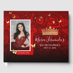 Modern Red Black Gold Elegant Photo Quinceanera Guest Book