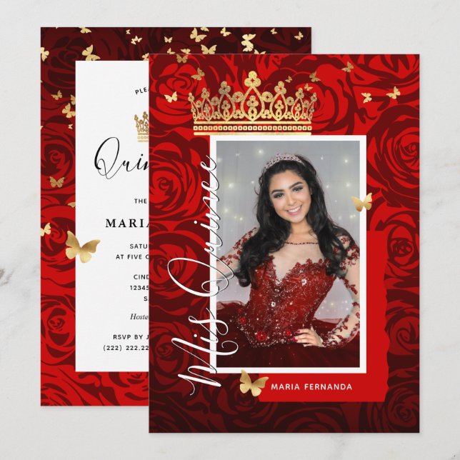 Modern Red Black Gold Elegant Photo Quinceanera Invitation (Front/Back)