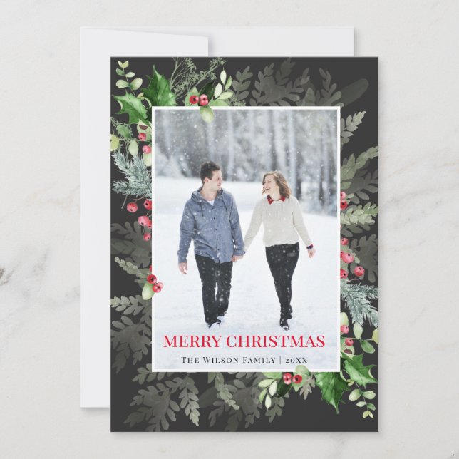 Modern Red Black Greenery Merry Christmas Photo Holiday Card (Front)