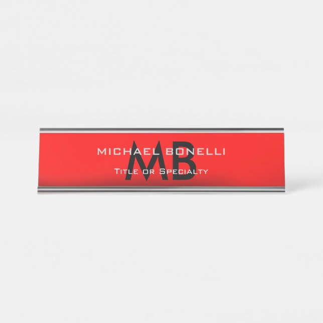 Modern red black monogram initials desk name plate (Front)