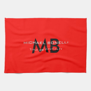 Modern red black monogram initials kitchen towel