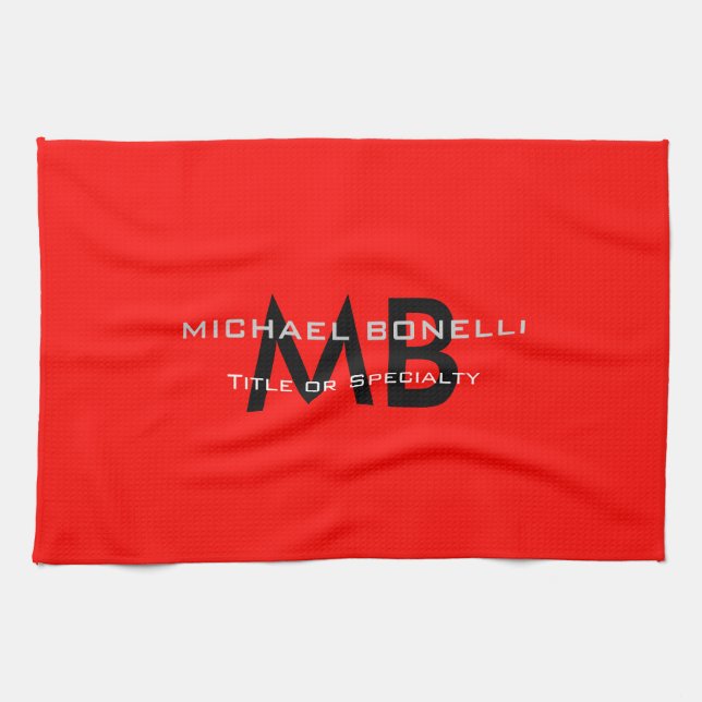 Modern red black monogram initials kitchen towel (Horizontal)