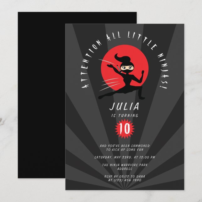 Modern Red Black Ninja Warrior Girl Birthday Party Invitation (Front/Back)