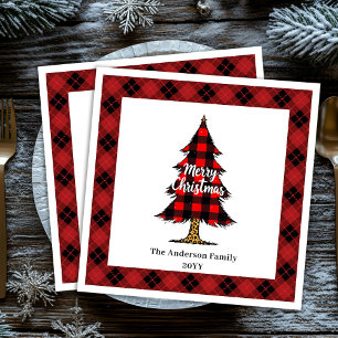 Modern Red Black Plaid Christmas Napkins Custom