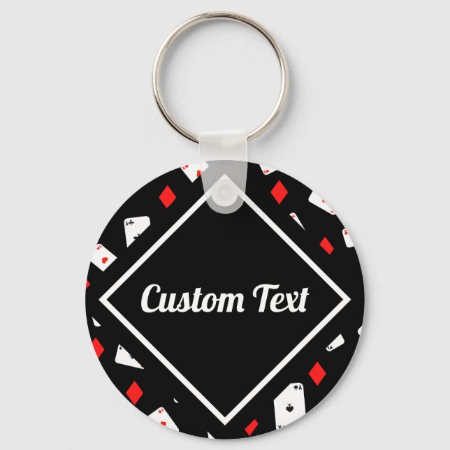 Modern Red & Black Poker Theme Pattern Custom Name Keychain (Front)