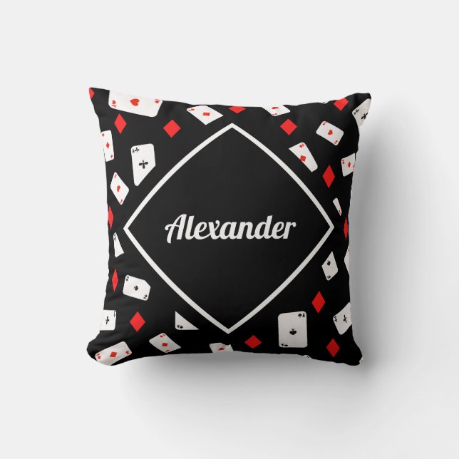 Modern Red & Black Poker Theme Pattern Custom Name Throw Pillow (Front)
