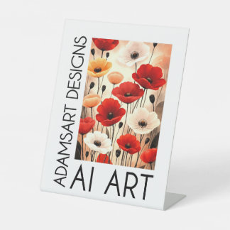 Modern Red & Black Poppy Floral Table Top Art Pedestal Sign