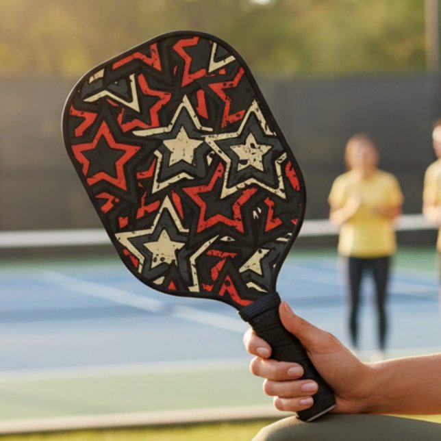 Modern Red Black Stars Cool Grunge Pattern Custom Pickleball Paddle (Creator Uploaded)
