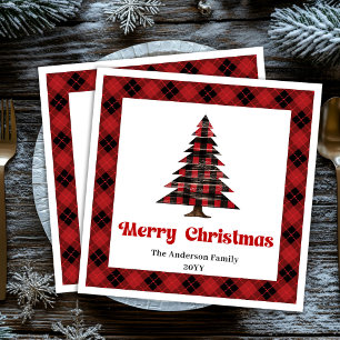 Modern Red Black Tartan Christmas Napkin Custom