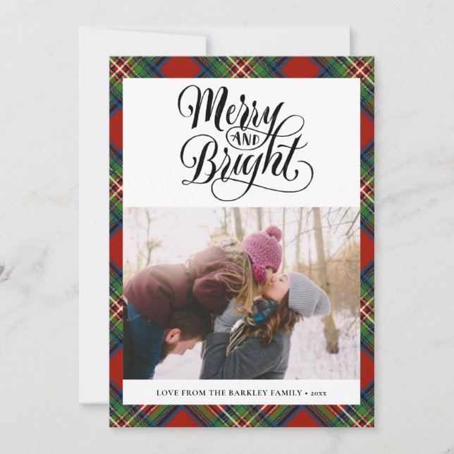 Modern Red Black Tartan Plaid Fun Script Simple Holiday Card (Front)