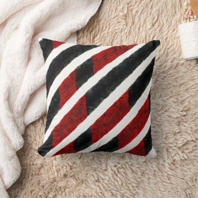 Modern Red Black Textured Stripe Pattern Throw Pillow (Blanket)