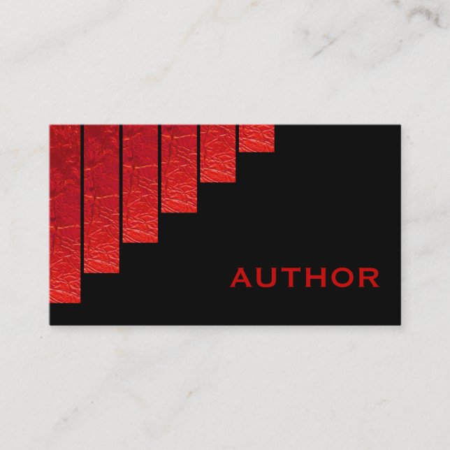 Modern red, black vertical stripes author business card (Front)